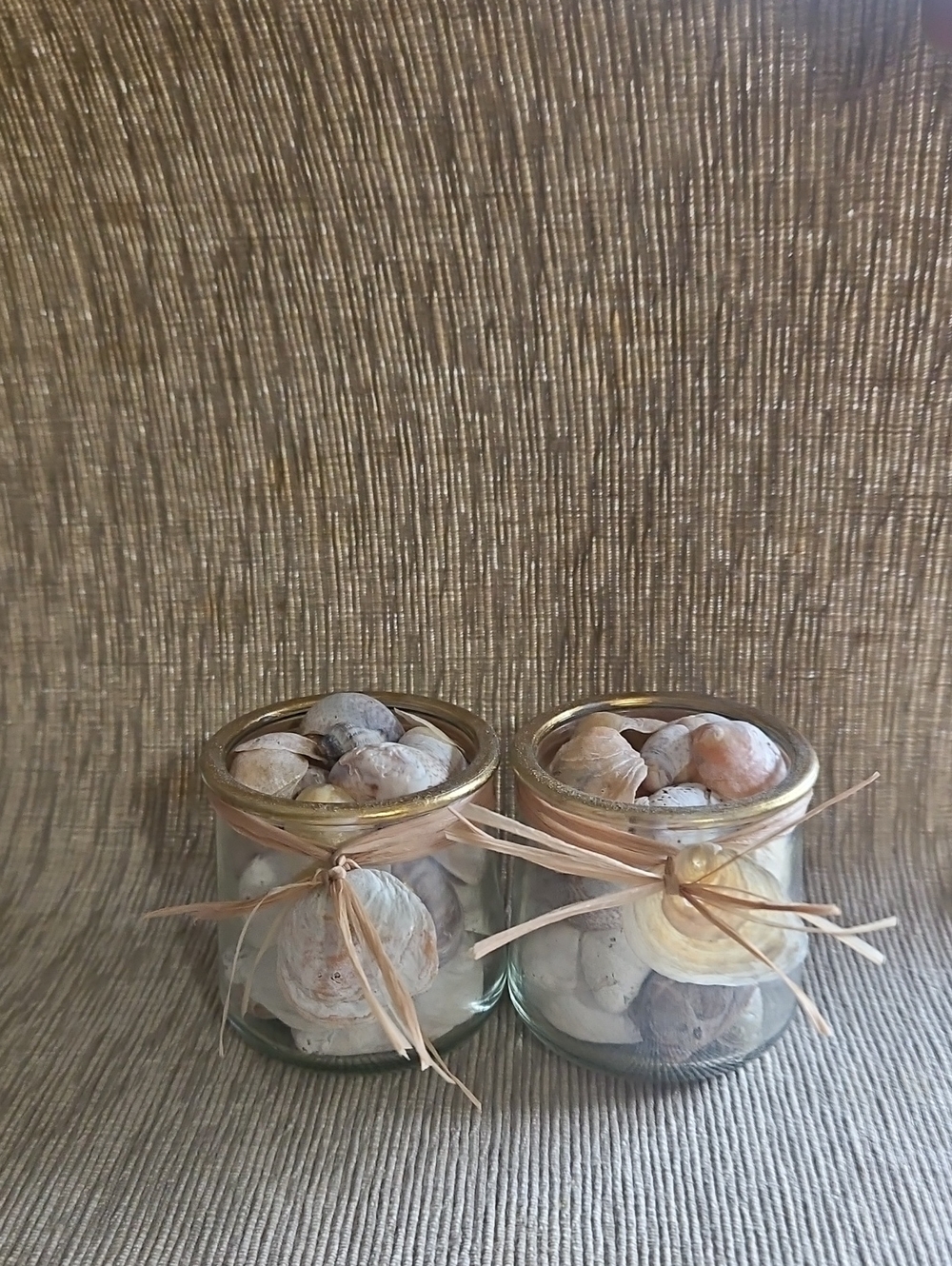 Decorative Glass Jars w/ Gold Trim & Sea Shells. Handmade